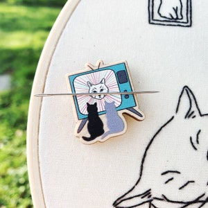 TV Cats needle minder, cat needle minder, needle rest, embroidery accessory