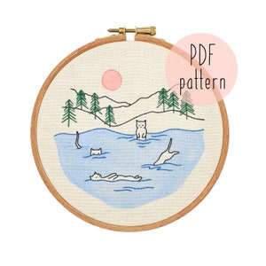 PDF Swimming Cats pattern, Cat embroidery pattern, Embroidery pattern download, Embroidery for beginners