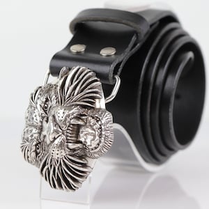 Black Natural Leather Belt with Tiger Buckle