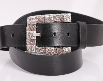 Black Natural Leather Classic Belt, Unisex