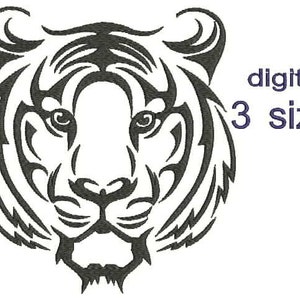 May include: Black and white stylized illustration of a tiger's head. The tiger's face is detailed with stripes and a fierce expression. The image is labeled "digital 3 sizes".