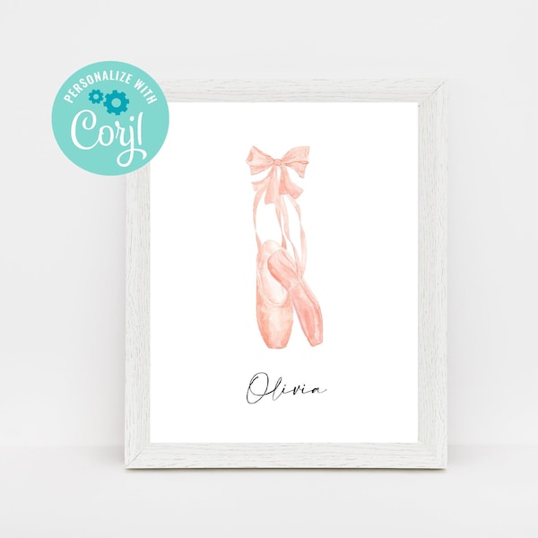 Personalised Ballet Shoe Watercolour Print for Bedroom, Ballerina Printable Gift, Pink Ballet Shoes, Etsy Wall Art, 8x10 Editable Download