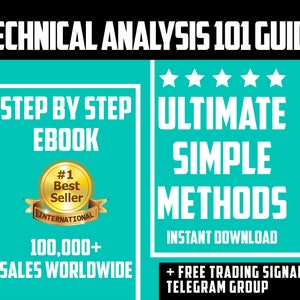 Puede incluir: Un gráfico azul turquesa con el texto "TECHNICAL ANALYSIS 101 GUIDE" en blanco. El gráfico también incluye el texto "STEP BY STEP EBOOK" y "ULTIMATE SIMPLE METHODS" en blanco. Se muestra una calificación de cinco estrellas doradas. El gráfico también incluye el texto "#1 Best Seller INTERNATIONAL" y "100,000+ SALES WORLDWIDE". El gráfico también incluye el texto "INSTANT DOWNLOAD" y "+ FREE TRADING SIGNALS TELEGRAM GROUP".