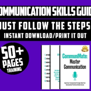 May include: A purple background with a black circle containing the text "50+ PAGES TRAINING". A white and blue book cover with the text "CommuniMate: Master Communication" and a microphone icon. The text "Speak Smart: Communication Strategies - Unlock Your Communication Potential and Achieve Success" is below the microphone icon.