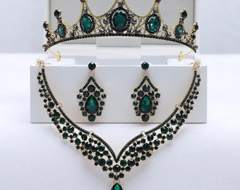 Set di diadema di cristallo verde smeraldo, set di orecchini con collana a foglia barocca, diadema per copricapo da sposa, set di gioielli per il ballo di fine anno, corona verde Quinceanera