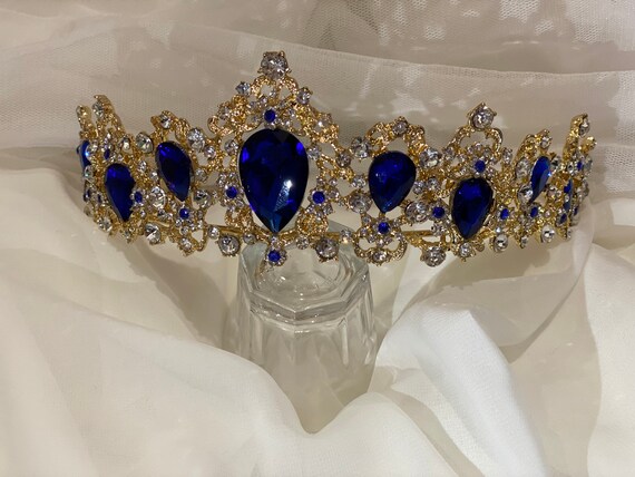 Blue Tiara, Gold blue Wedding Bridal crown, Rhinestone Crystal Crown,Women Bridal Hair Jewelry,Wedding Reception Tiara,bridal shower jewelry