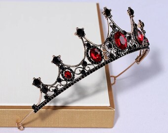 Diadème de la reine rouge, diadème de couronne de mariée, diadème de mariage en cristal, couronne de mariage en cristal, diadème d'anniversaire Halloween mariée