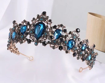 Bridal shower tiara, Baroque Crown, Role Play, Cosplay, Ren Faire, Royalty Tiaras - Vintage-Gold Crowns - turquoise blue birthday tiara