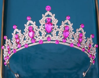 Corona di diadema di nozze rosa, diadema di nozze per la corona della regina della sposa, copricapo della principessa reale Quinceanera per lo spettacolo di ballo di fine anno