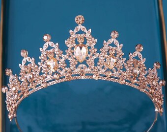 Diadema de tocado nupcial de lujo, corona de graduación barroca dorada, tiara de fiesta de cumpleaños de princesa, accesorios para el cabello amarillo, regalo de cumpleaños