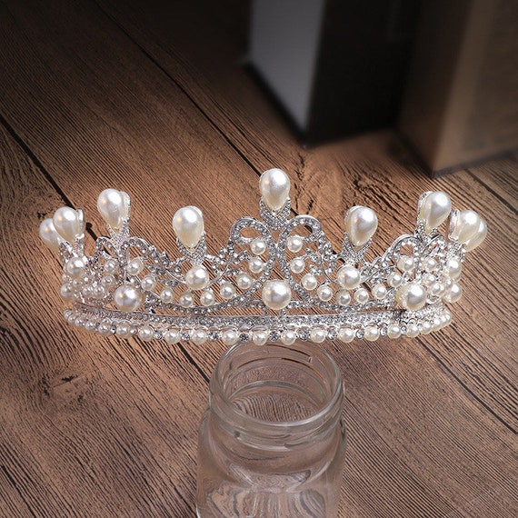 Silver Crystal pearl tiara Rhinestone Tiara, Crystal Crown Tiara white Crown Jewelry Hair Accessories, Vintage Gold Wedding Tiara, Gift Her