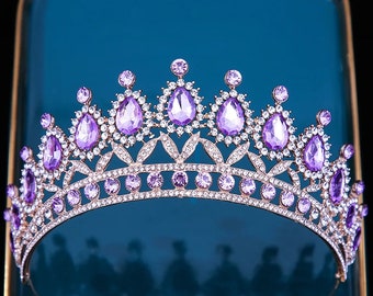 Tiara de cristal púrpura, pieza de pelo de princesa, Tiara de boda, corona de boda, diadema nupcial de cristal, tocado de cristal, corona de tiara de Reina