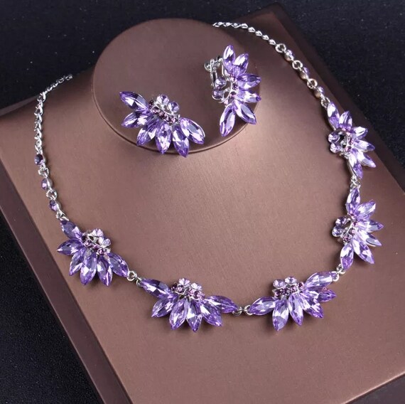 Bridal Necklace Set, Purple Teardrop Wedding Earrings, tear drop pear cubic zirconia earrings, Camilla Purple Jewelry Set, Crystal earrings