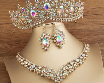 A B Crystal Beads Conjunto de joyería nupcial - Pendientes de collar de tiara de corona de diamantes de imitación, conjunto de joyería de cuentas africanas de boda, joyería de quinceañera
