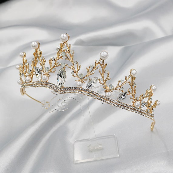 Gold Pearl Tiara, Crystal Wedding Crown Princess Tiara, Gold Bridal Hair Accessories, Gift for Her, Tiara Crown, photography tiara birthday