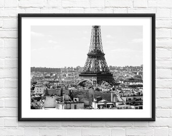 Eiffel Tower Print – Black and White Paris Rooftops (Digital Download)
