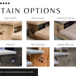 Image displaying a range of wood stain samples for pet products, including shades from light natural to dark espresso, each labeled for easy identification.