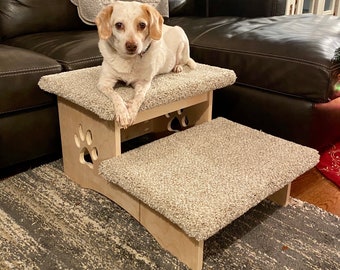 May include: A two-step pet stairs with a light wood finish and beige carpet covering. A small white dog is sitting on the top step.
