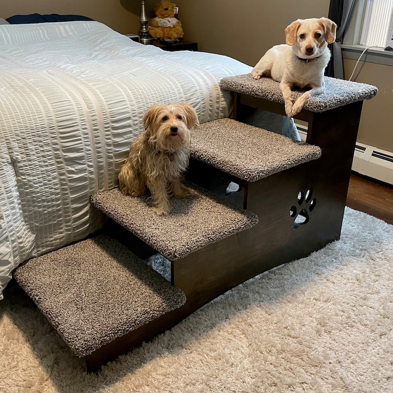 Image featuring two dogs sitting comfortably on the steps of our extra deep 23-inch pet steps in ebony stain with apollo blue carpeting, highlighting the product's size, color, and carpet option against a neutral background.