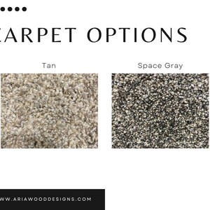 May include: A display titled CARPET OPTIONS showing two textured carpet samples. The left sample is labeled Tan and features a light beige, looped pile. The right sample is labeled Space Gray and features a dark gray and white speckled, looped pile.