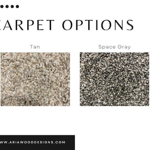 May include: Image showcasing carpet options, featuring two samples: "Tan" and "Space Gray." The tan carpet has a light beige color, while the space gray carpet is a mix of gray and black. The text "CARPET OPTIONS" is displayed at the top.