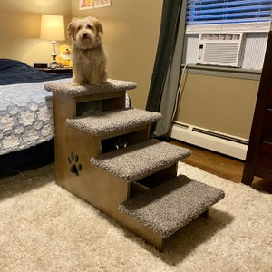 May include: A brown wooden pet step with four steps covered in gray carpet. A small dog is standing on the top step.
