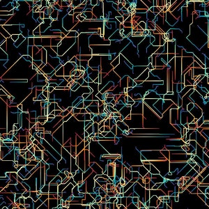May include: Abstract digital art featuring a complex network of interconnected lines in shades of blue, orange, yellow, and red on a black background.