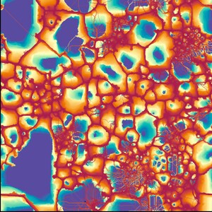 May include: Abstract digital art with a colorful, geometric pattern. The design features a network of interconnected shapes in shades of blue, green, yellow, orange, and red. The background is a deep purple.