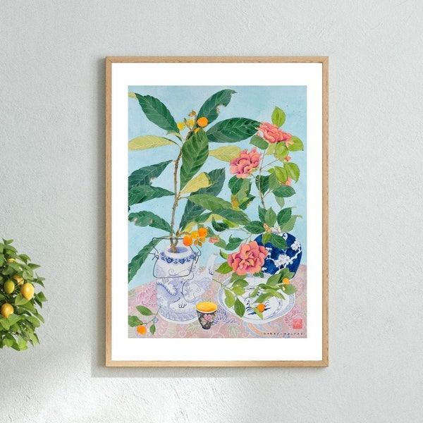 Chinoiserie Art Print , Watercolor Painting Wall Art , Flowers Still Life , Fruit Plant Wall Decor , Chinese Ceramics 12x16 18x24 24x32