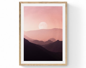 Pink Moonrise Framed Print , Misty Mountain Wall Art , Landscape Photography , Nature Fine Art Print , Living Room Decor