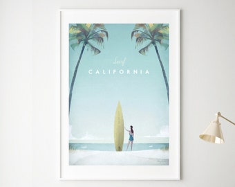 California Travel Poster Framed Print , Beach Wall Art , Surf Print , Palm Trees , Travel Illustration , Summer Decor , Vintage 12x16 18x24