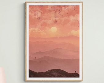 Sunrise over Mountain Framed Print , Surreal Wall Art , Pink Living Room Decor , Landscape Photography , Nature Print , Sunset Fine Art