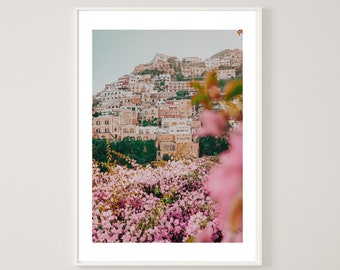 Italy Wall Art , Amalfi Coast Print , Positano Print , Pink Home Decor , Boho Framed Wall Art , Flower Print , Photography Print
