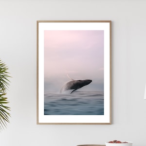 K&ouml;nnte beinhalten: Ein wei&szlig;er Esstisch mit einer Holzplatte und wei&szlig;en St&uuml;hlen. Ein gerahmtes Foto eines Wals, der aus dem Wasser springt, h&auml;ngt an der Wand hinter dem Tisch. Eine Topfpalme steht in der Ecke des Raumes.