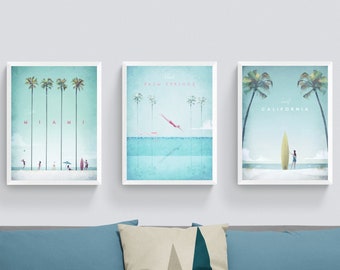 Set of 3 Travel Posters , Framed Prints , Illustration Wall Art , Vintage Poster , Living Room Decor , California , Miami 12x16 18x24 24x32