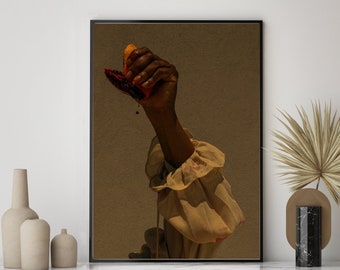 Fashion Framed Print , Fruit Wall Art , Fashion Model , Woman Holding Blood Orange Print , Living Room Decor , Large Size