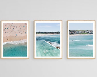 Set of 3 Bondi Beach Prints , Aerial Beach Framed Wall Art , Sydney Home Decor , Swimming Pool Fine Art, Boho Australian 12x16 18x24