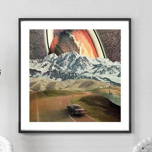 Vintage Framed Print , Surreal Wall Art , Vintage Car , Cosmic Universe Print , Collage Living Room Decor , 12x12 , 20x20 frame