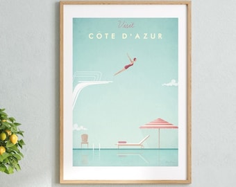 Cote d'Azur Print , French Riviera Wall Art , Framed Print , Swimming Pool Wall Art , Vintage Travel Illustration , France Travel Poster