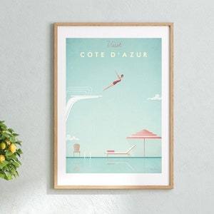 Cote d'Azur Print , French Riviera Wall Art , Framed Print , Swimming Pool Wall Art , Vintage Travel Illustration , France Travel Poster