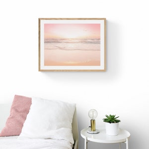 Sunset on Beach Framed Print , Pink Pastel Wall Art , Ocean Living Room Decor , Blush Colour , Boho Photography 12x16 18x24 24x32 30x40 inch imagen 2