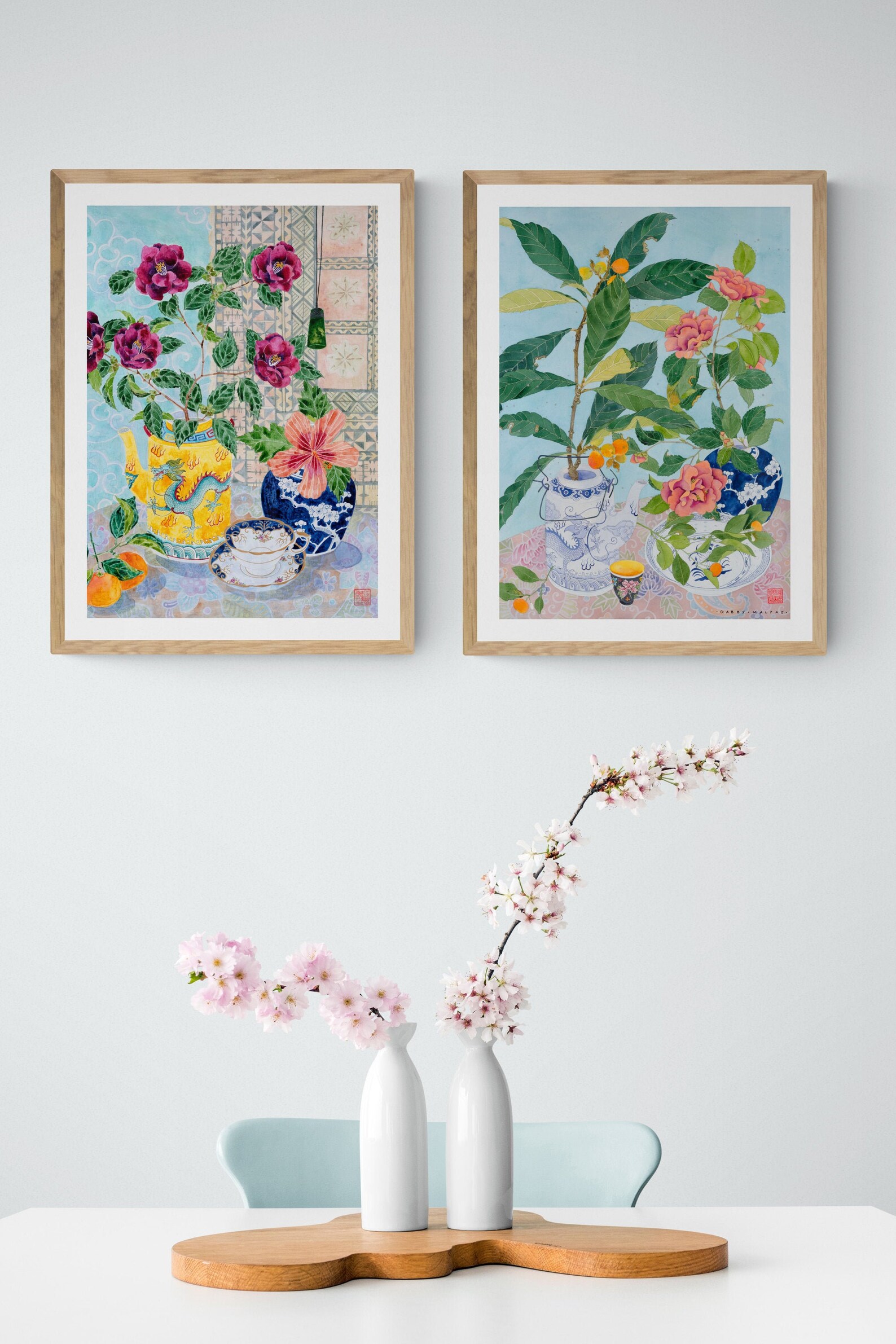 Set of 2 Chinoiserie Framed Prints Watercolour Wall Art Etsy UK