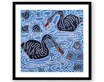 Aboriginal Framed Print , Swans Wall Art , Contemporary Wall Decor , Painting Living Room Decor , Indigenous Australian Art , Square Size