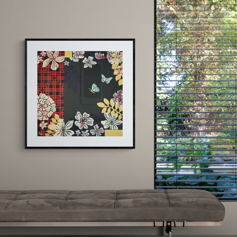 Chinoiserie Butterfly and Flowers Framed Print Flower Wall Art Vintage Living Room Decor Painting Bedroom Decor 12x16 18x24 24x32