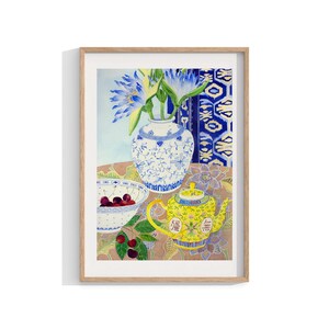 Chinoiserie Watercolour Framed Print,  Wall Art, Blue Painting , Flowers Still Life, Waterlillies , Botanical Art 12x16 18x24 24x32 inch