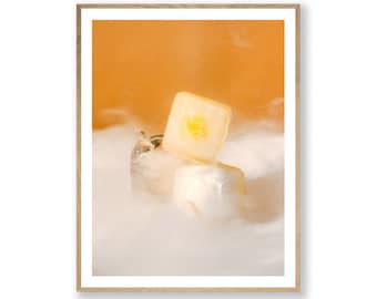 Still Life Framed Print  , Orange and White Photography Wall Art , Ice Cubes , Kitchen Fine Art , Smoke , Eggs 18x24 24x32 30x40 inch