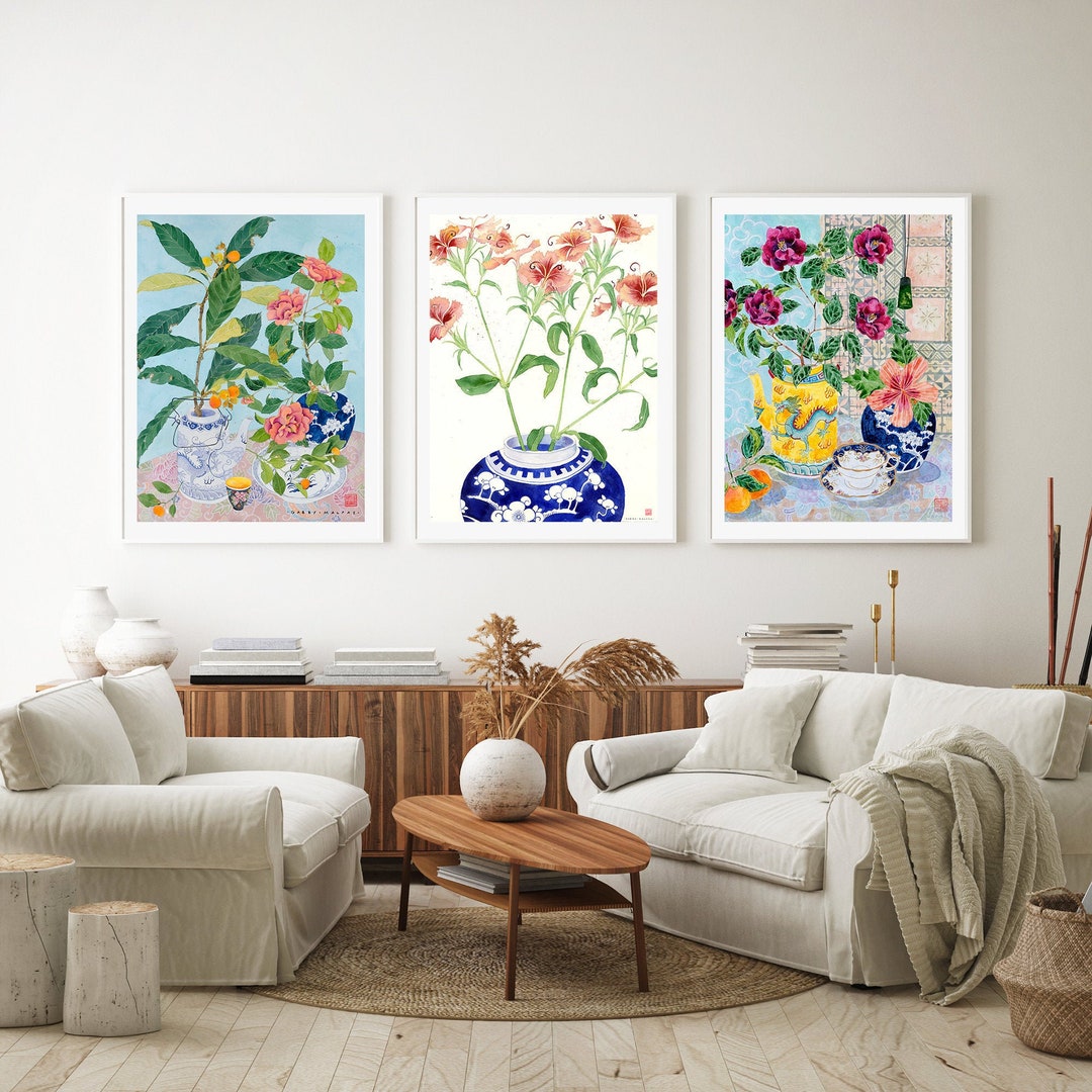 Set of 3 Chinoiserie Framed Prints , Watercolour Wall Art , Flowers ...