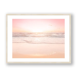 Sunset on Beach Framed Print , Pink Pastel Wall Art , Ocean Living Room Decor , Blush Colour , Boho Photography 12x16 18x24 24x32 30x40 inch imagen 1