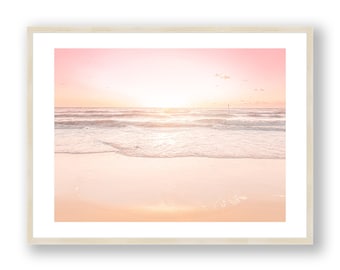 Sunset on Beach Framed Print , Pink Pastel Wall Art , Ocean Living Room Decor , Blush Colour , Boho Photography 12x16 18x24 24x32 30x40 inch