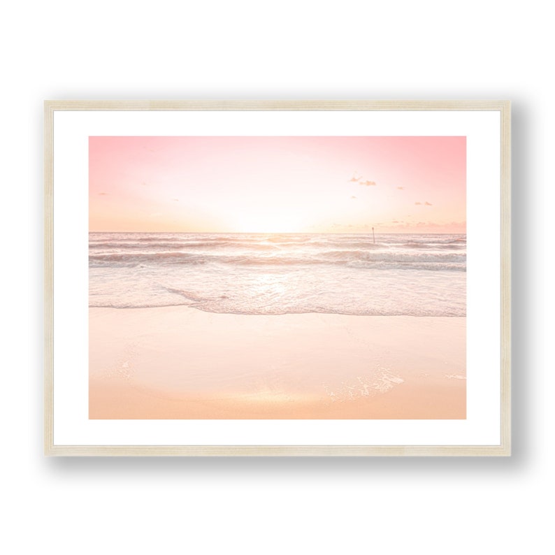 Sunset on Beach Framed Print , Pink Pastel Wall Art , Ocean Living Room Decor , Blush Colour , Boho Photography 12x16 18x24 24x32 30x40 inch imagen 1